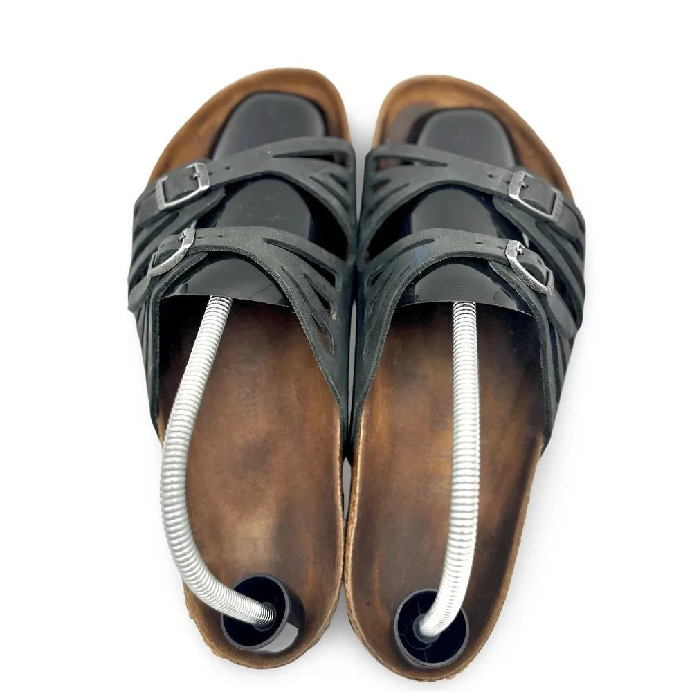 Birkenstock Womens Granada Sandals 42 Gray Black Leather Buckle Slide Cutout